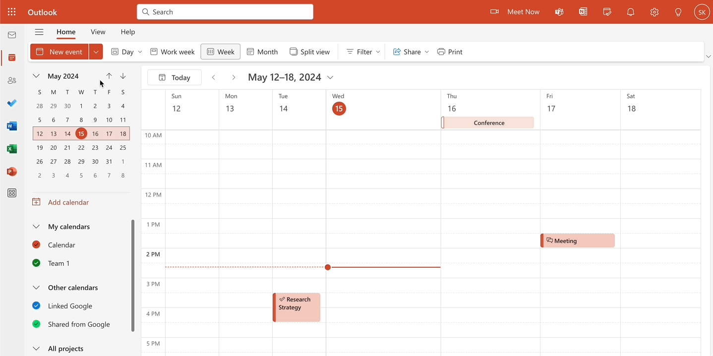 A gif showing how to use the 'New Event' button on your Outlook Calendar to create a new event. The gif also shows an alternate method of adding a new event by clicking on a day in your calendar.