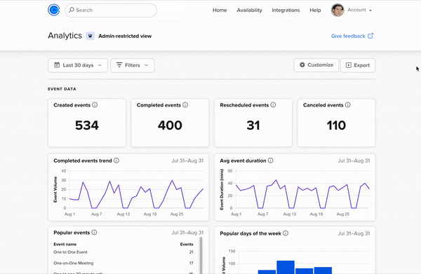 Gif of Calendly Analytics' dashboard customization in action