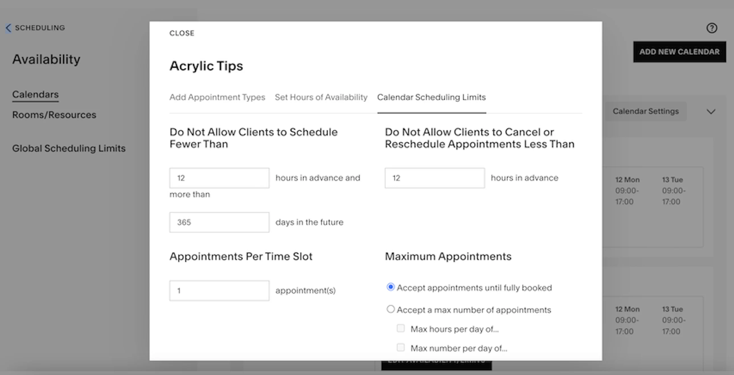 Screenshot showing a sample Acuity Scheduling appointment, where the user is setting their availability.