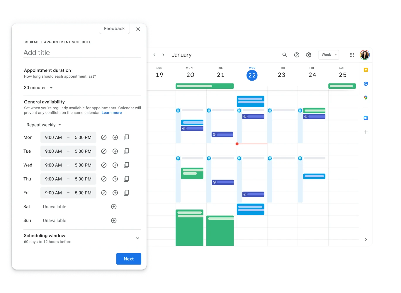 Screenshot showing that Google Appointment Scheduling is accessible as a sidebar within your Google Calendar.