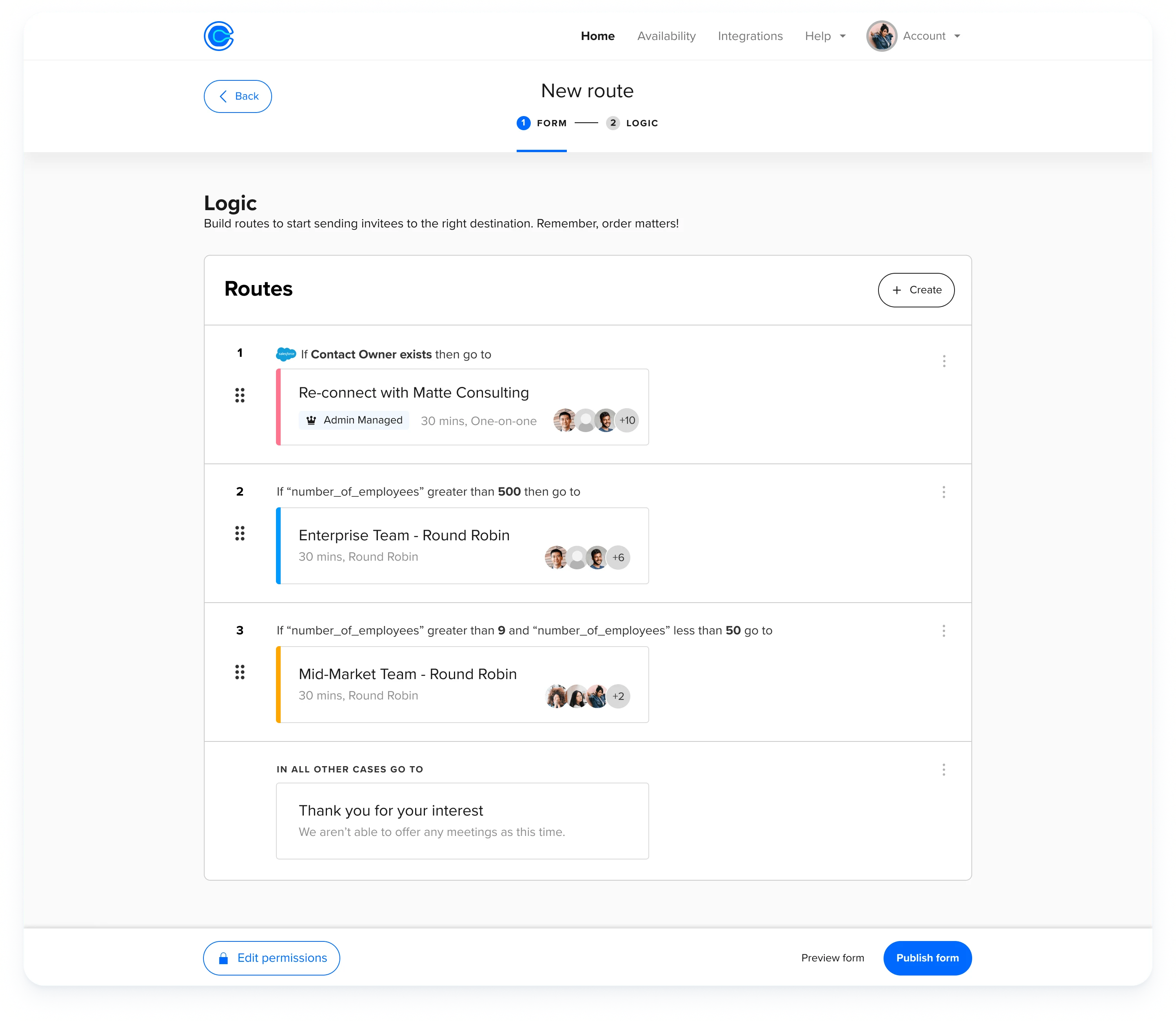 Screenshot showing Calendly’s built-in routing logic feature.