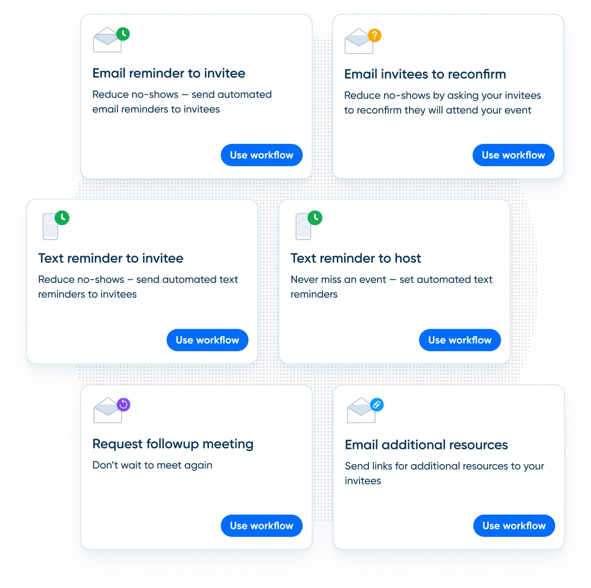 Screenshot of six examples of recruiting workflows in Calendly: email reminder to invitee, text reminder to invitee, text reminder to host, email invitees to re-confirm, request follow-up meeting, and email additional resources. 