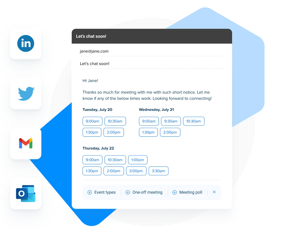 Stylized screenshot of Calendly meeting times added to the body of an email.