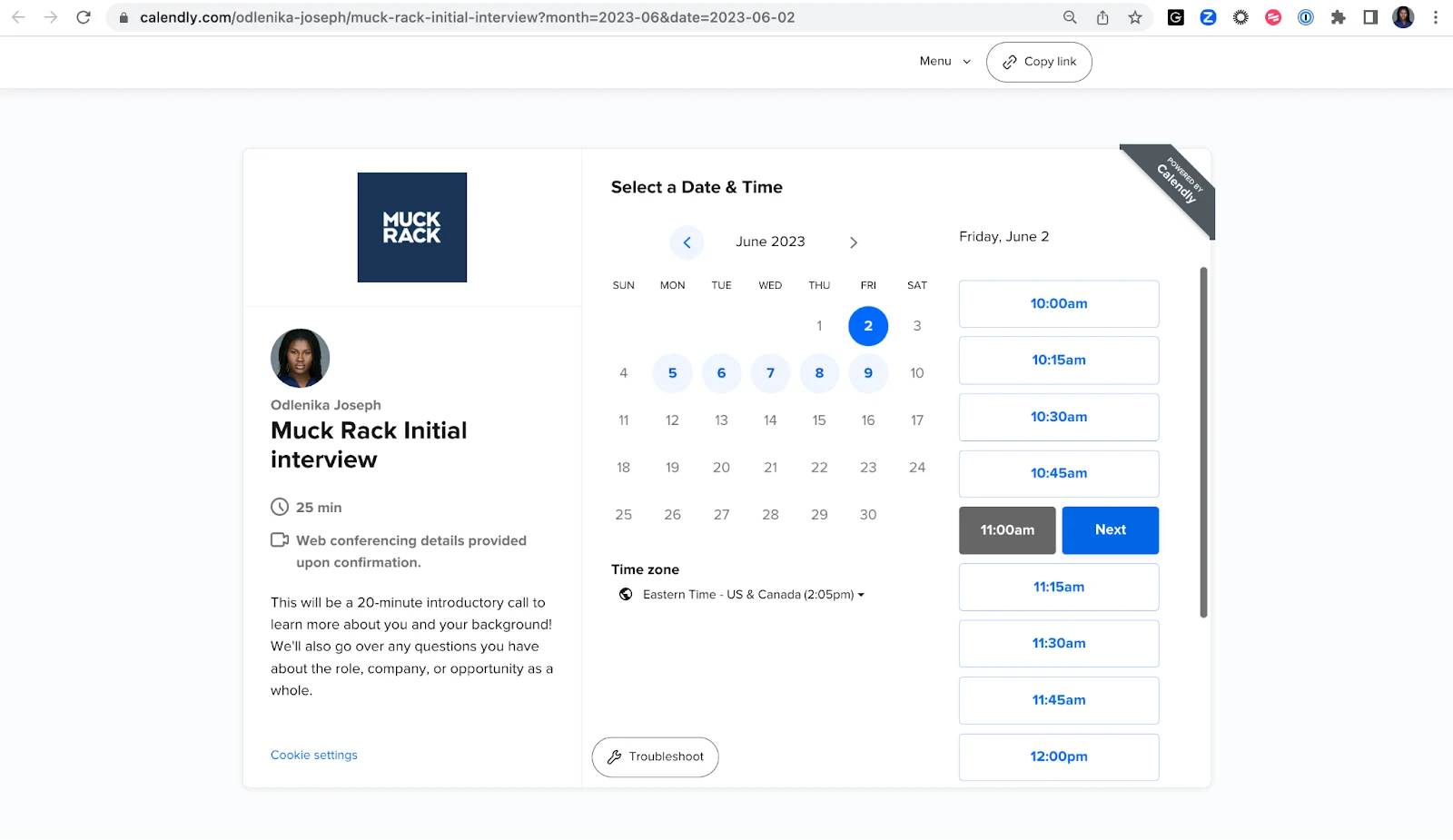 Screenshot of a Calendly scheduling page built by Muck Rack recruiters. To keep the interview process moving quickly, Muck Rack’s job interview booking page only shows dates up to a week out. 