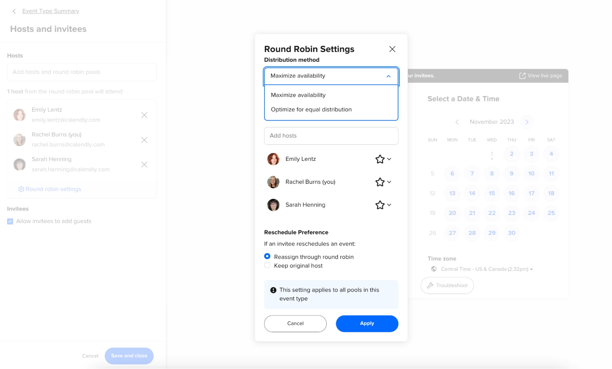 Screenshot of Round Robin Settings in the Calendly Event Type editor. A dropdown shows the distribution method options to maximize availability or optimize for equal distribution.