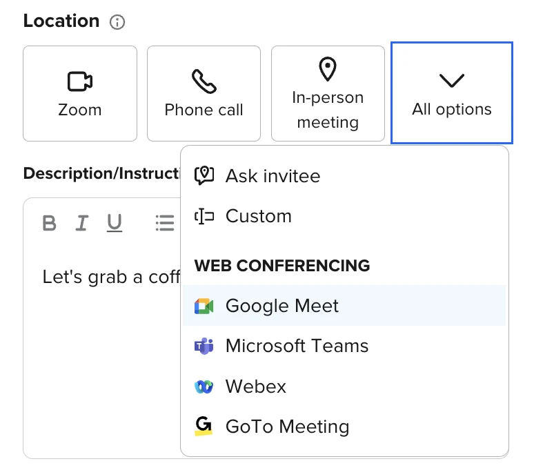 Screencap showing location options in the Calendly Event Type editor.