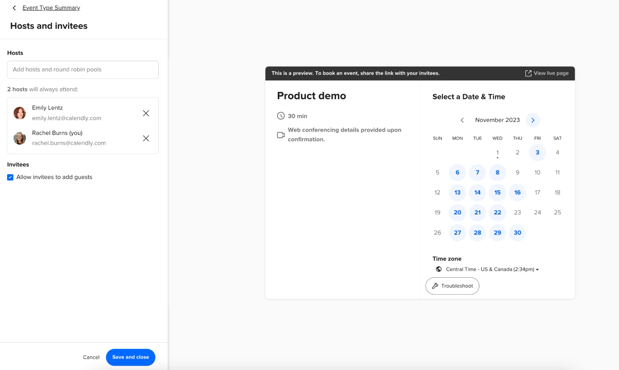 Screenshot of the "Hosts and invitees" settings in the Calendly Event Type editor. All listed hosts must be available for a time to be bookable.