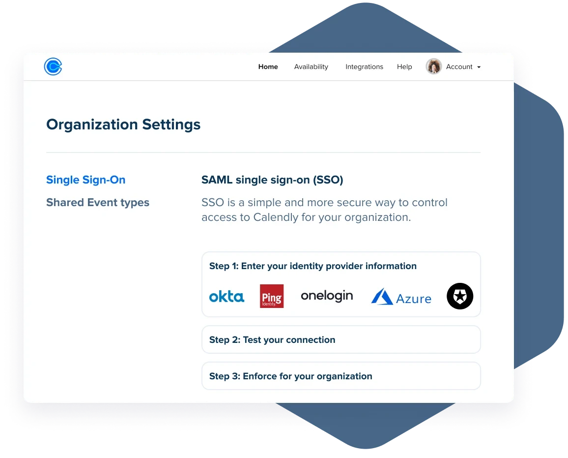 Screenshot of Organization Settings in the Calendly app, showing the setup screen for Single Sign-On.