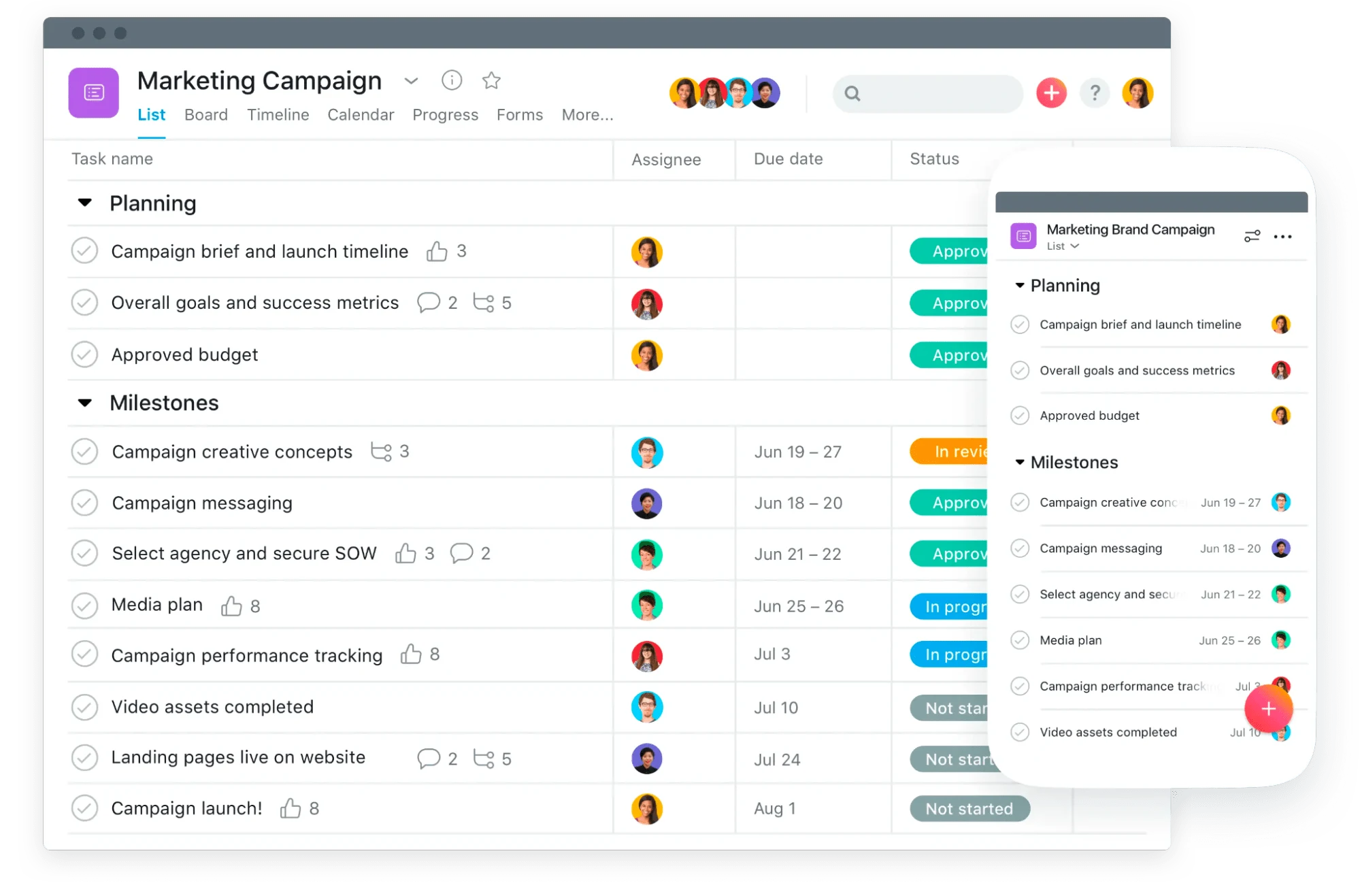 Screenshots of an Asana project called "Marketing Campaign" with task sections titled "Planning" and "Milestones". The screenshots show both desktop and mobile versions of the app.