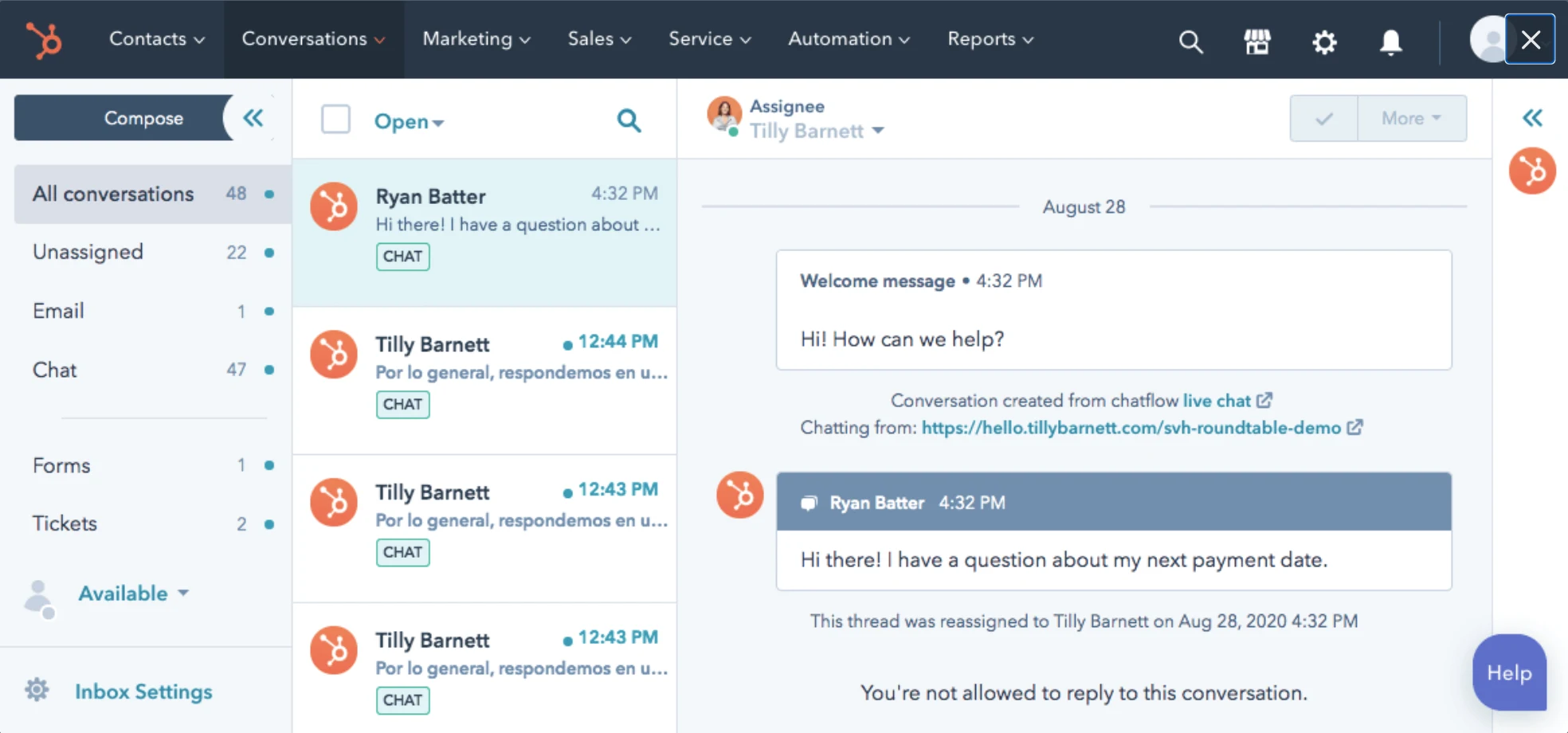 HubSpot chat support UI