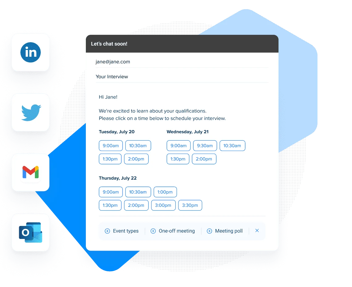 Screenshot of an email using Calendly to insert the times you’re available to meet into the body of an email.