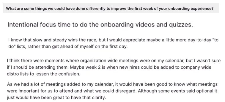 Example of post-onboarding survey question and responses