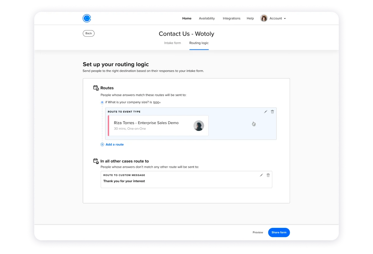 screenshot of Booking routes setup in Calendly