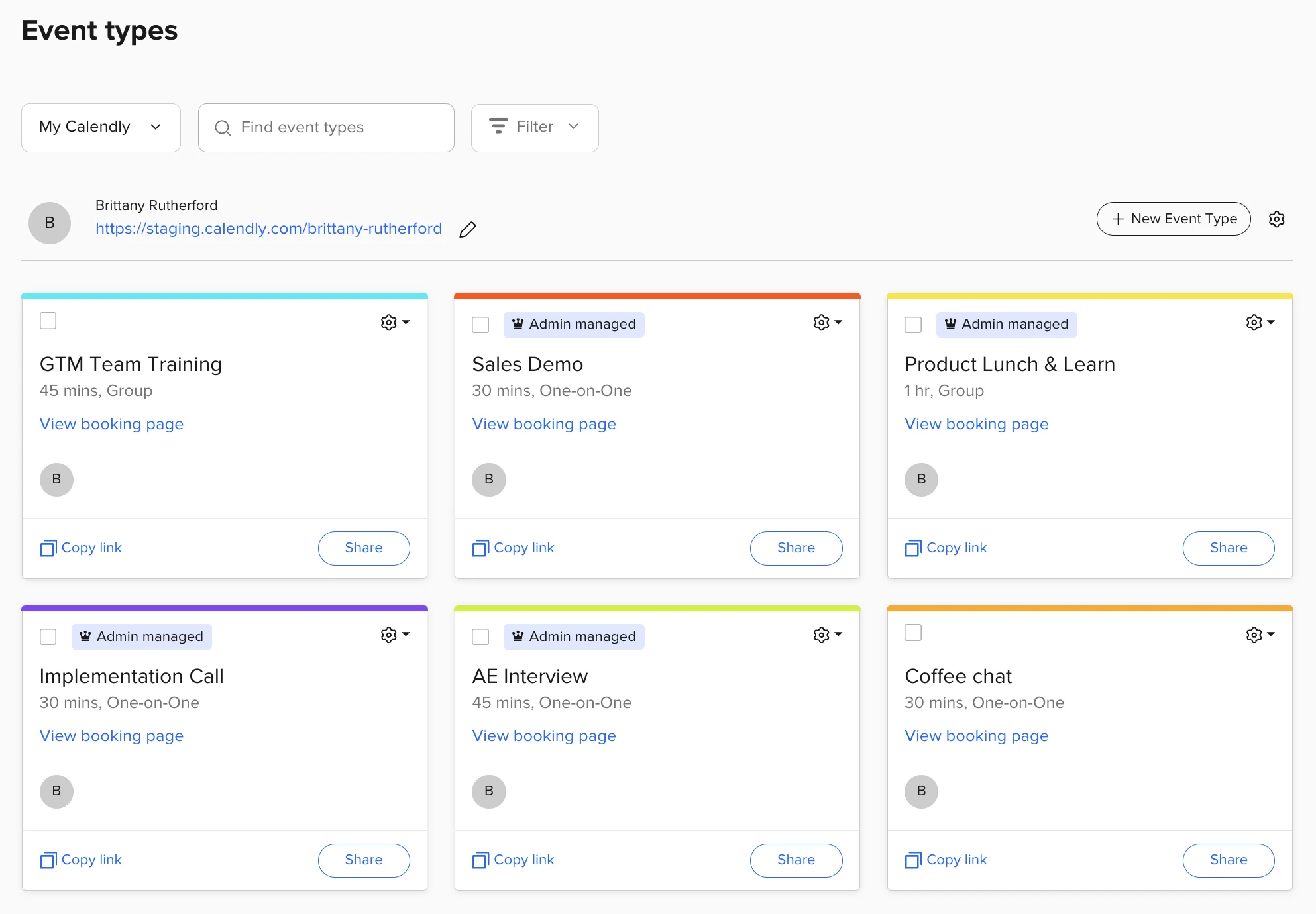 Screenshot: Event types including personal event types and admin-managed event types