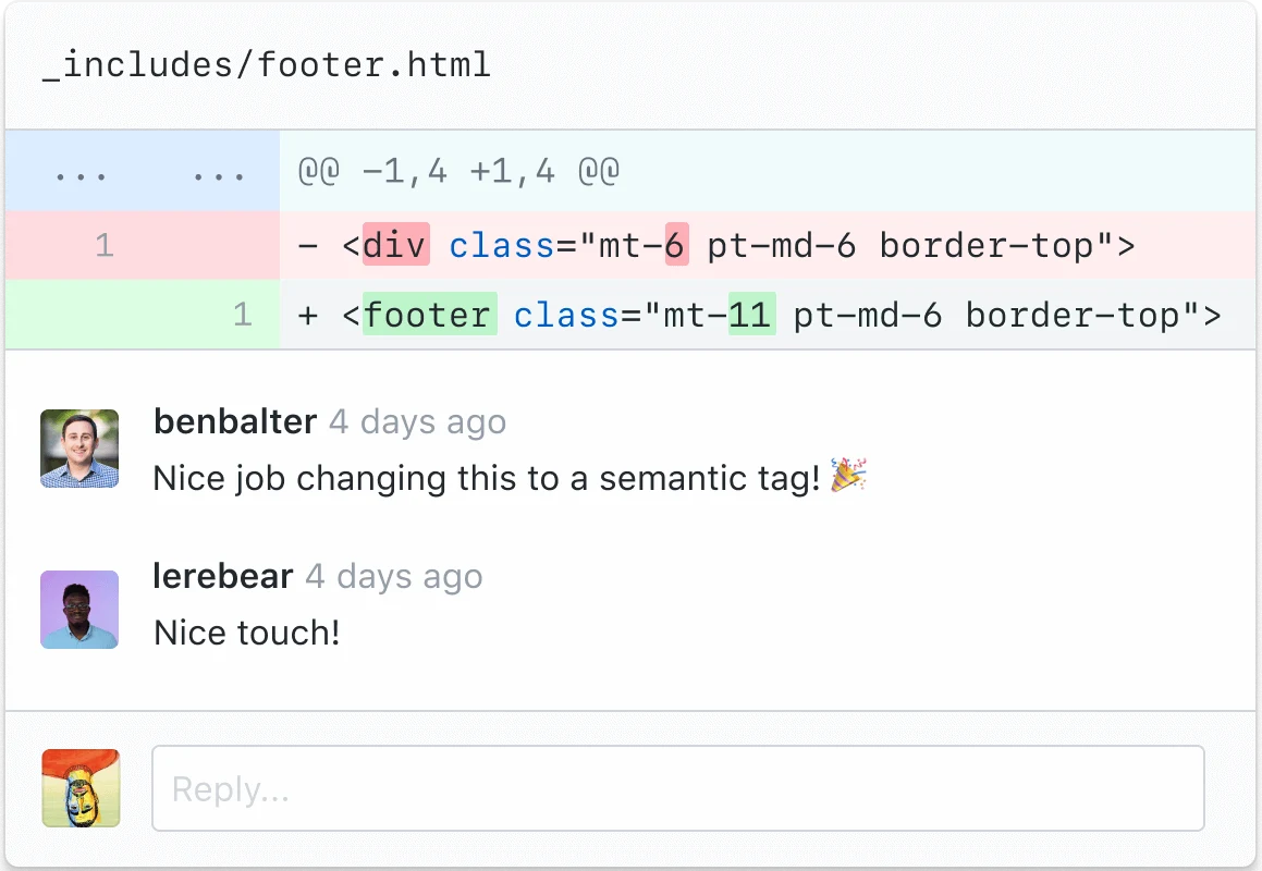 Screenshot of a code review in GitHub with comments saying "Nice job changing this to a semantic tag!" and "Nice touch!"