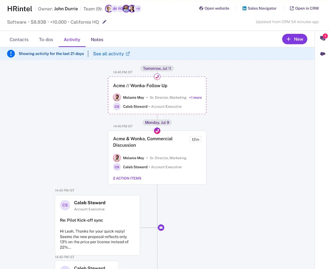 Screenshot of a lead record in Gong Engage. These generative AI models stand out because they categorize large quantities of deal-specific data to understand the context and intent of sales conversations. Image via Gong