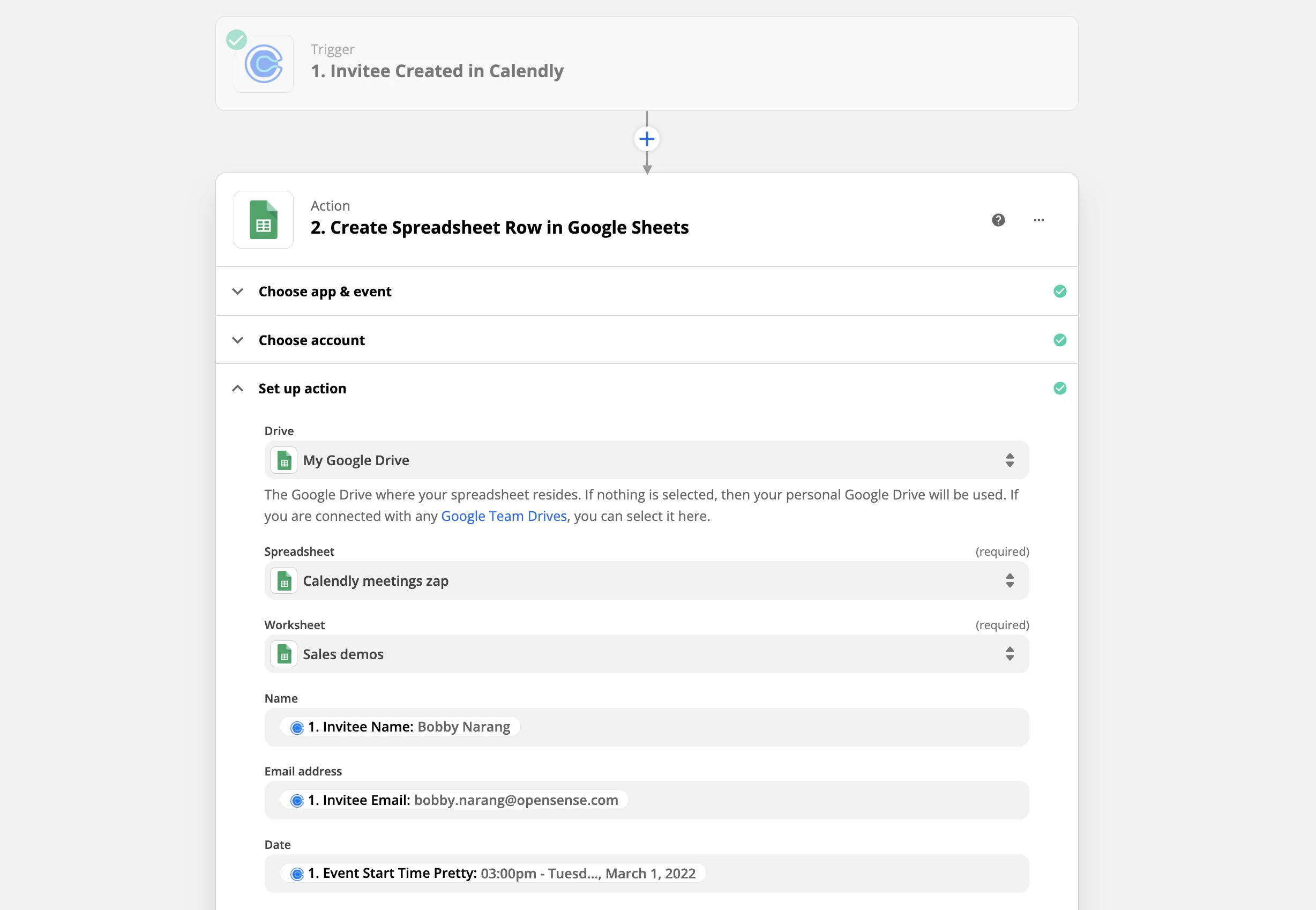 Screenshot of zap setup for trigger Invitee Created in Calendly and action Create Spreadsheet Row in Google Sheets. Setup steps include Choose app and event, Choose account, and Set up action.