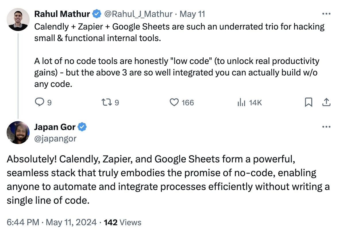 Screenshot of a conversation on X discussing the benefits of combining Calendly, Zapier, and Google Sheets for a "powerful, seamless stack that truly embodies the promise of no-code."