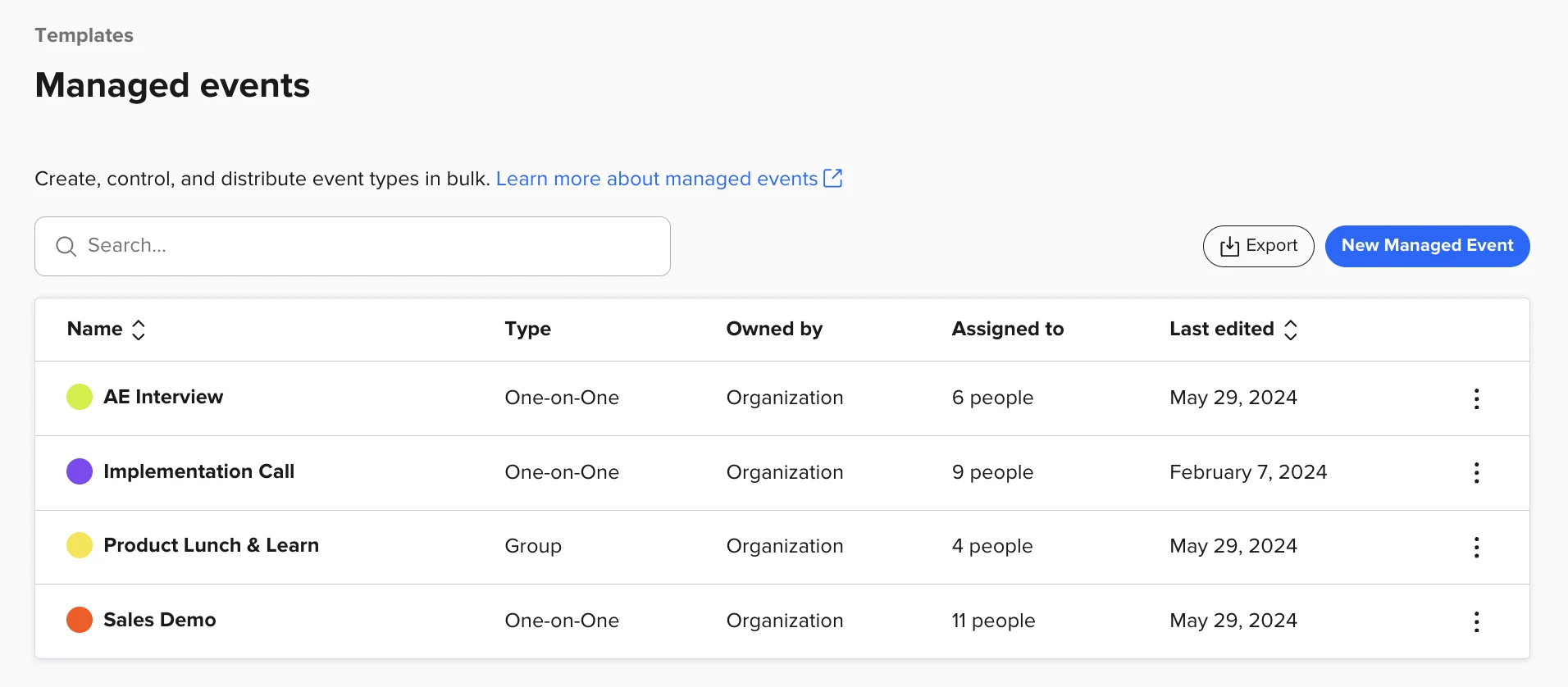 Screenshot: admin view of all managed events