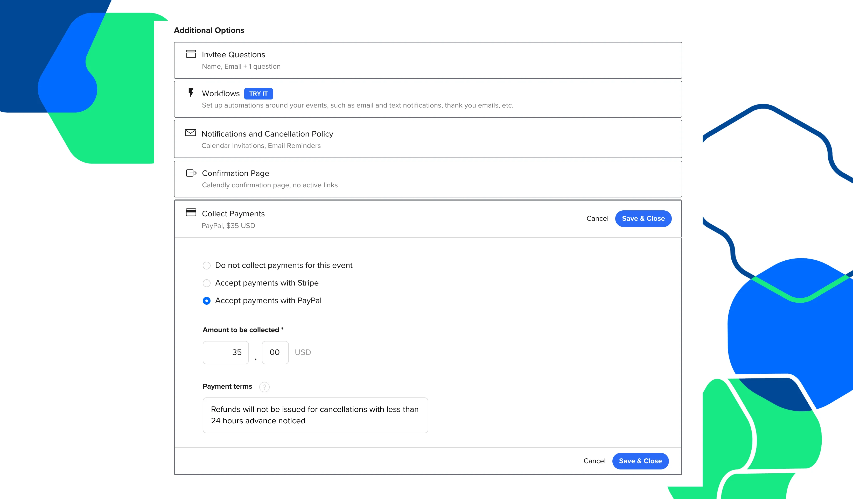 Calendly + PayPal setup screen