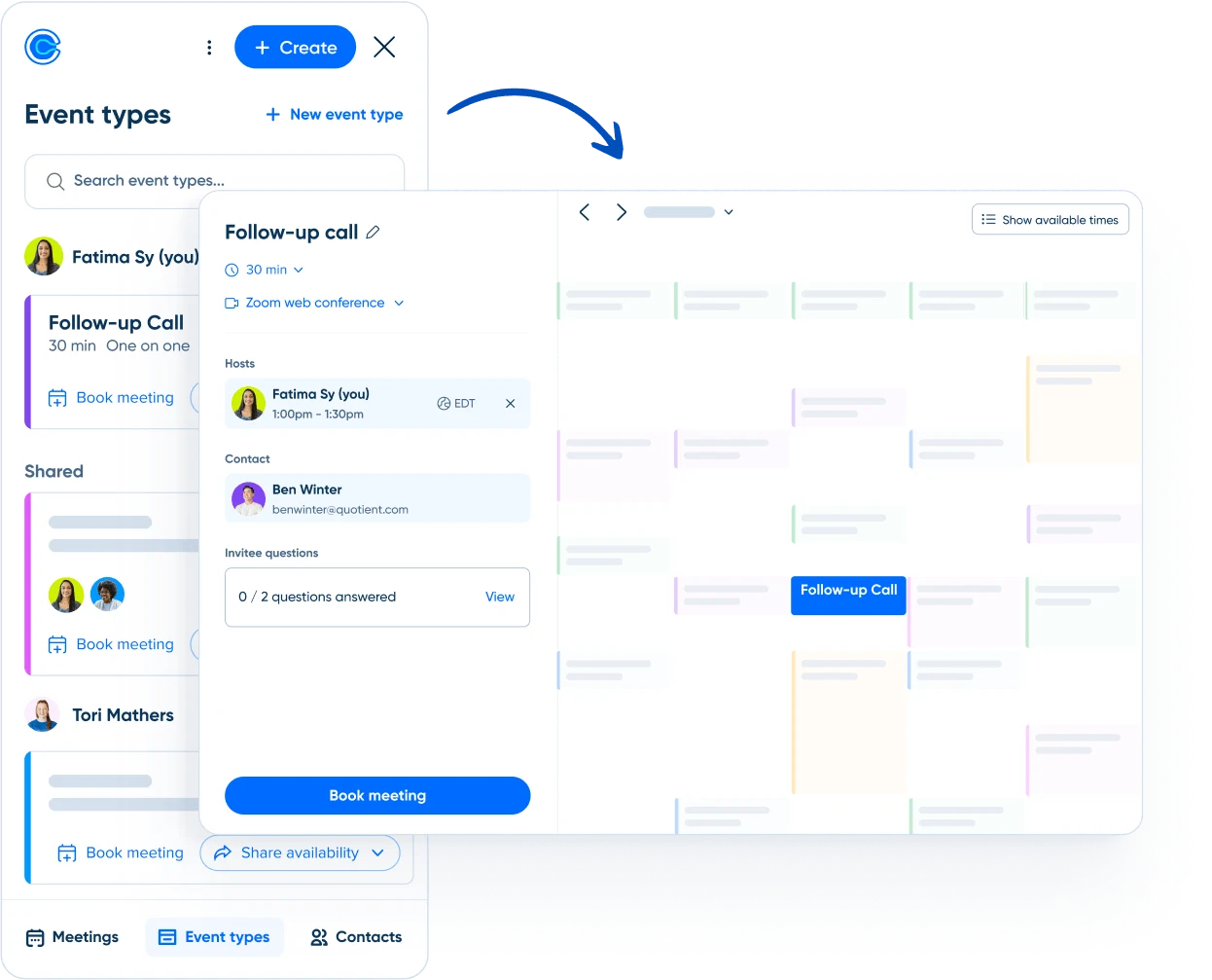 Stylized screenshot of real-time booking from the Calendly browser extension. A calendar shows available times for a follow-up call, so the host can book in one click.