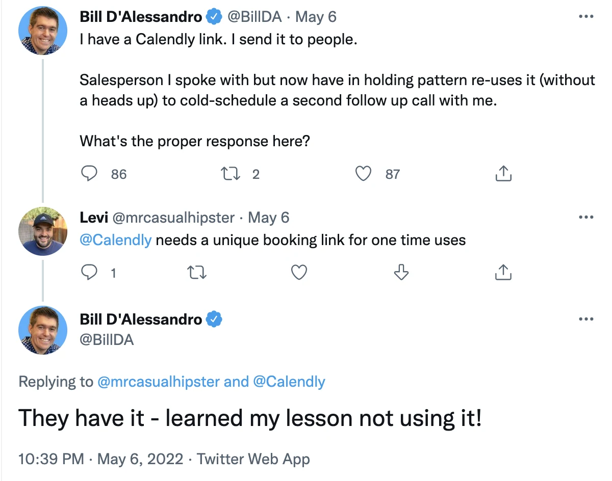 Single-use links - blog - Bill D'Alessandro tweet convo