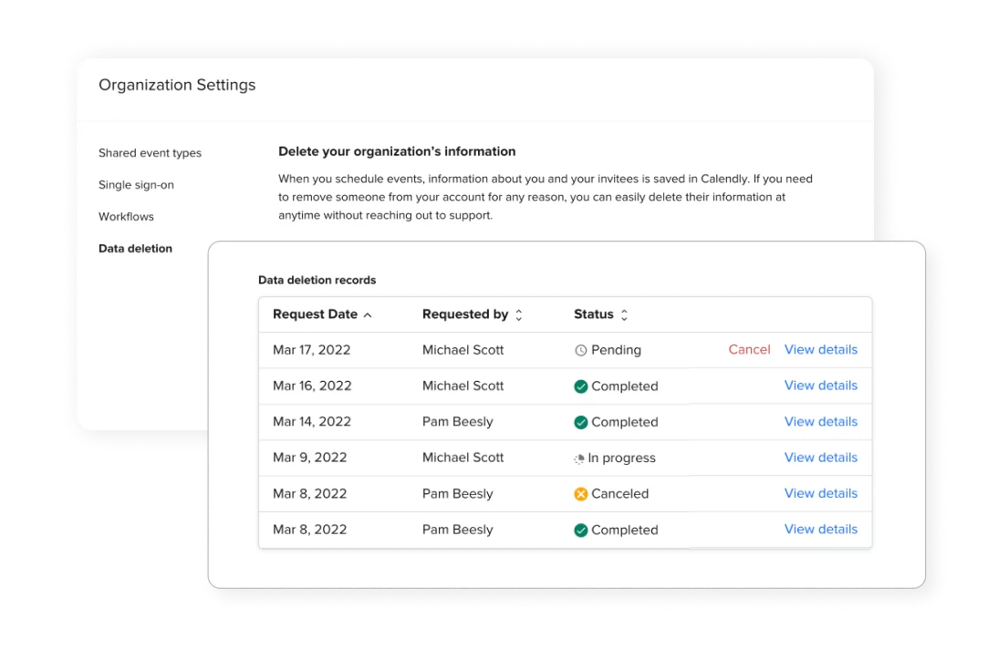 Screenshot: Delete data in Organization Settings.