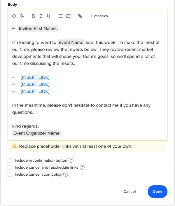 Screenshot of template screen showing background resources a sales team would send to a prospect before a meeting