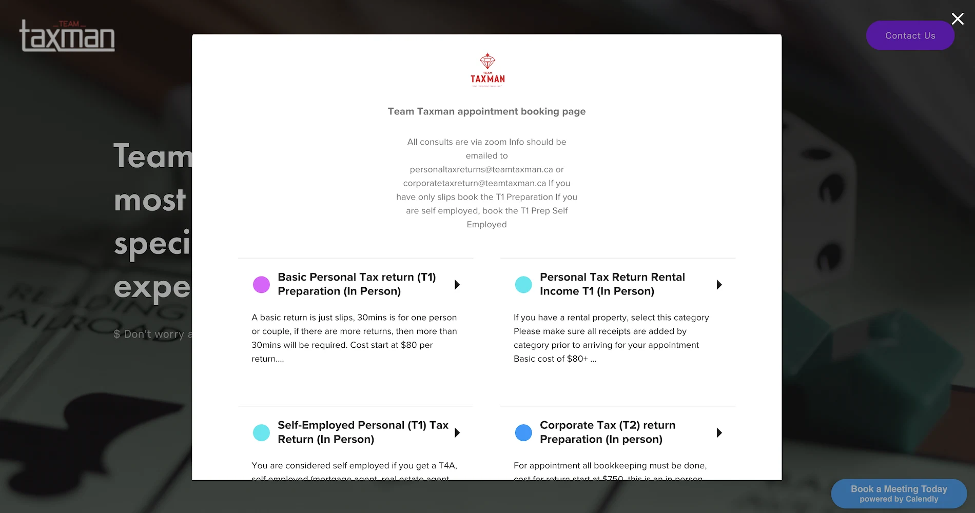 Screenshot of the Taxman website. There is a button that says "Book a Meeting Today" in the lower right-hand corner. A pop-up shows the Calendly landing page for all of the Taxman Team's appointment types.
