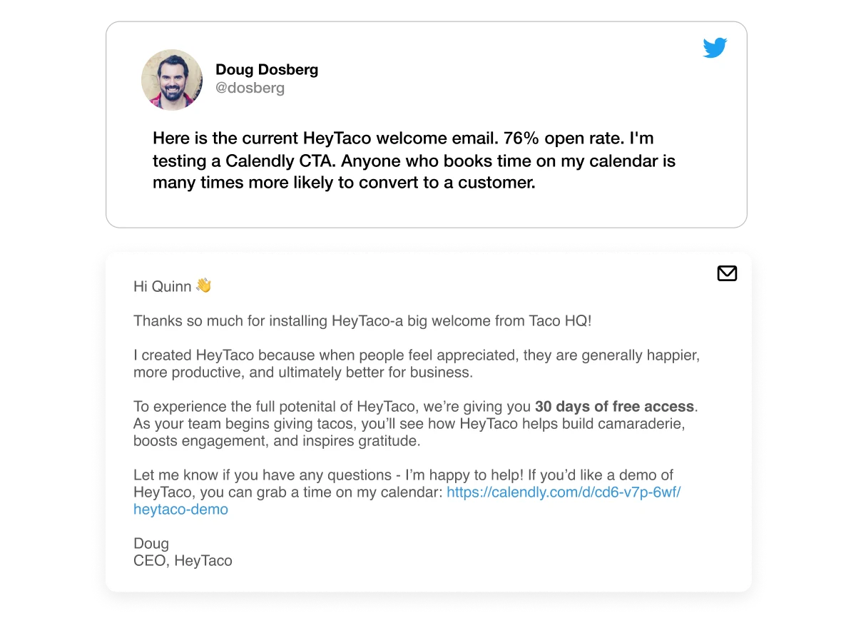 HeyTaco tweet and welcome email sample