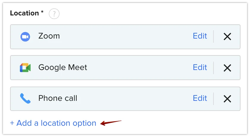 Screen for choosing meeting video conference options in Calendly