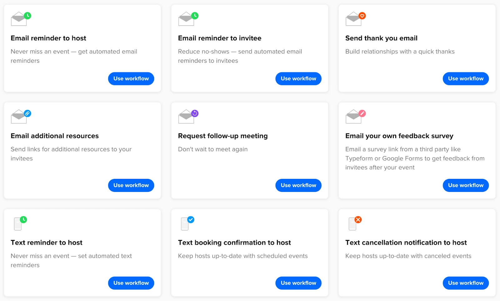 Screenshot of the Workflows templates page in Calendly. Some of the Workflow templates shown include email reminder to host, send thank you email, and request follow-up meeting.