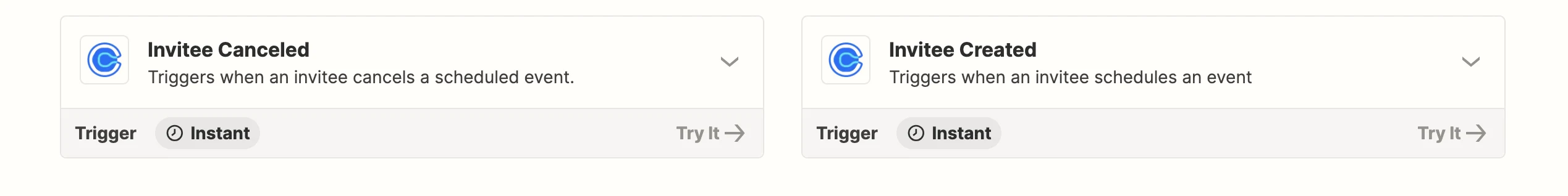 Screenshot showing two Calendly triggers in Zapier: Invitee Canceled and Invitee Created