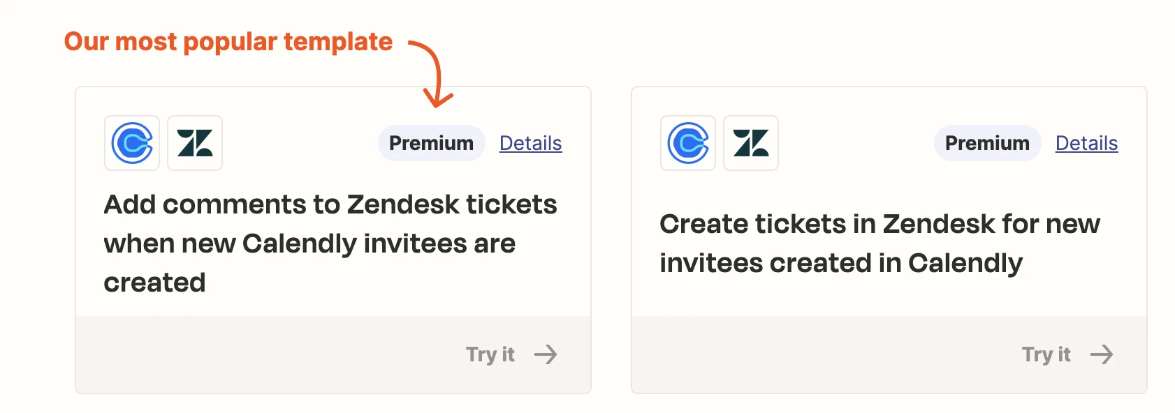 Screenshot showing two Calendly + Zendesk zaps: Add comments to Zendesk tickets when new Calendly invitees are created, and Create tickets in Zendesk for new invitees created in Calendly